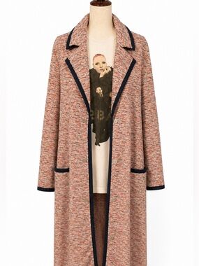 Vintage 70s polyester speckled overcoat, duster jacket w navy trim, long, XL